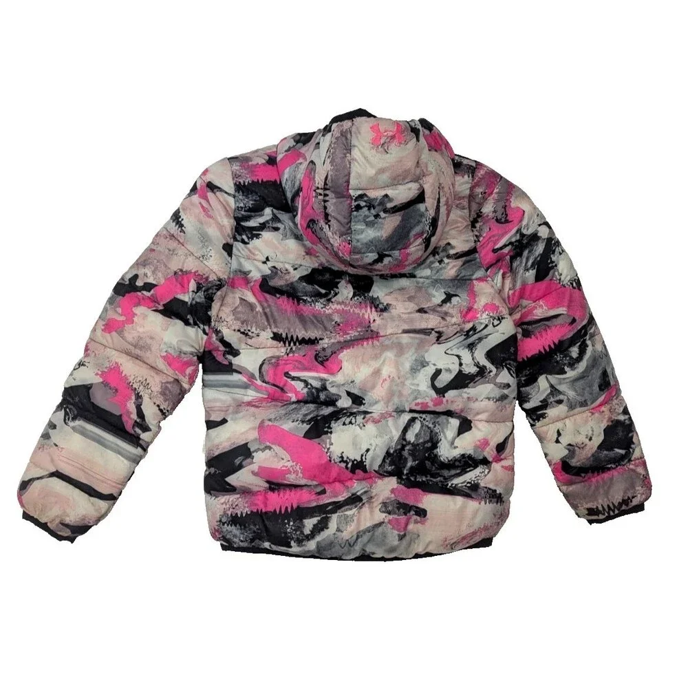 Under Armour Girls 6X Cold Gear Puffer Jacket Hooded Neon Pink Black Abstract